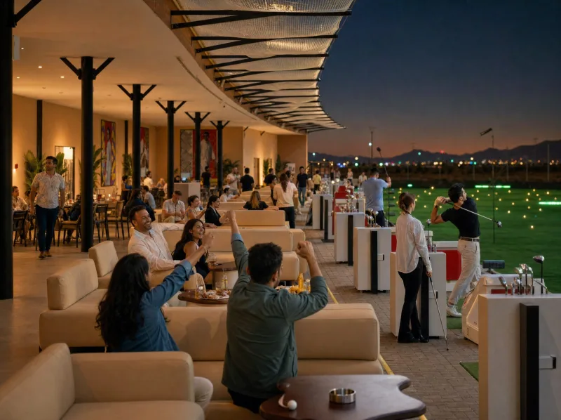 Salon lounge avec banquettes face au green — Prime Golf Marrakech